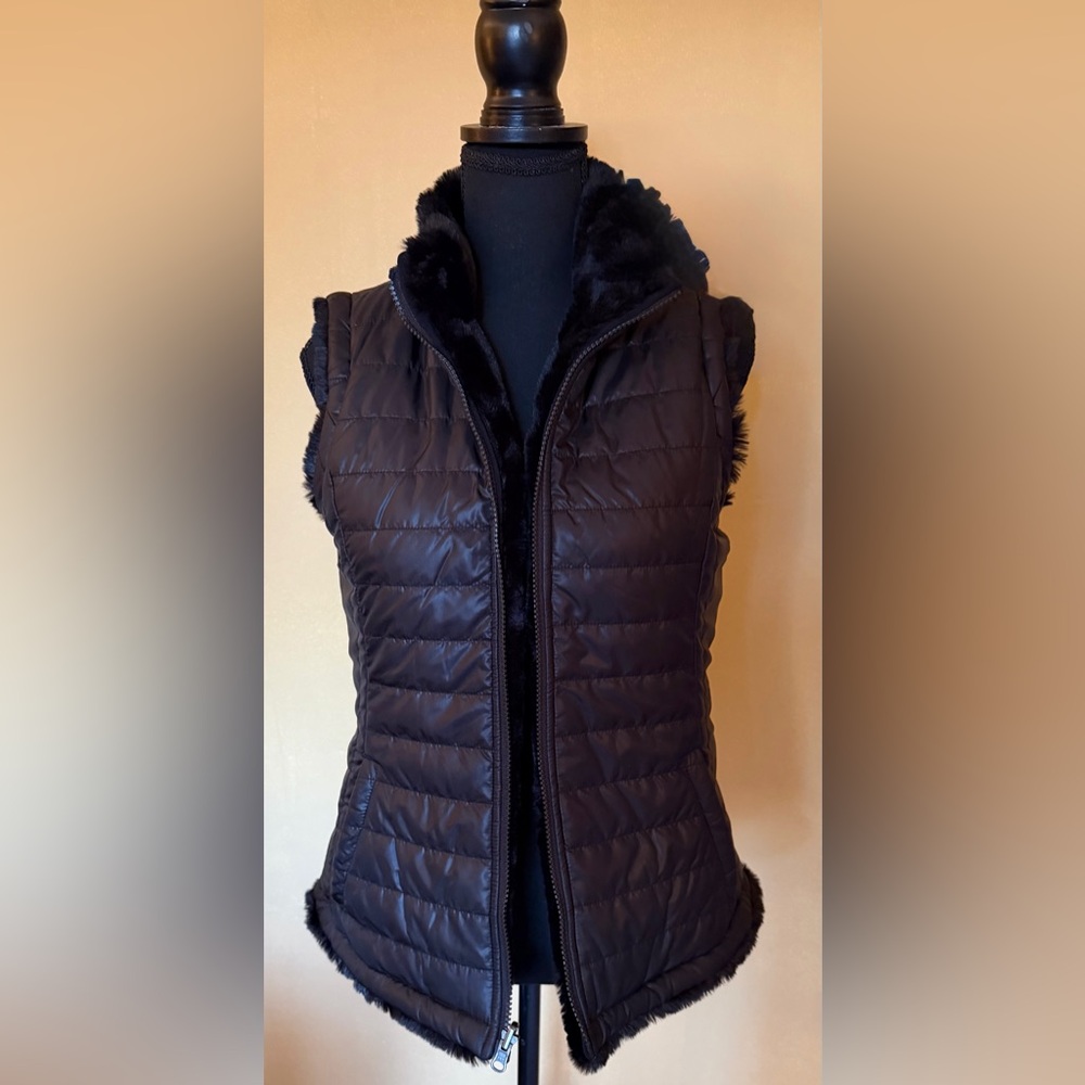 Women's Black Fur & Quilted Reversible Vest